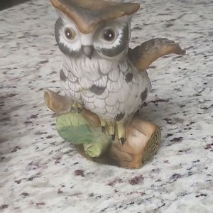 Vintage Ceramic owl sitting on branch with a leaf underneath its claw